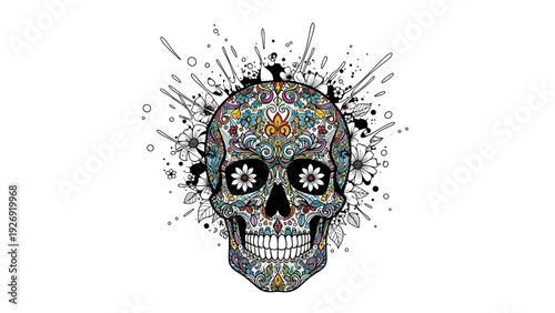 decorative hand drawn colorful sugar skull with floral pattern and black ink splashes