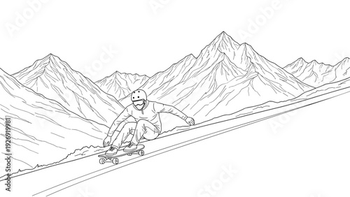 skateboarder riding downhill on a mountain road hand drawn line art illustration