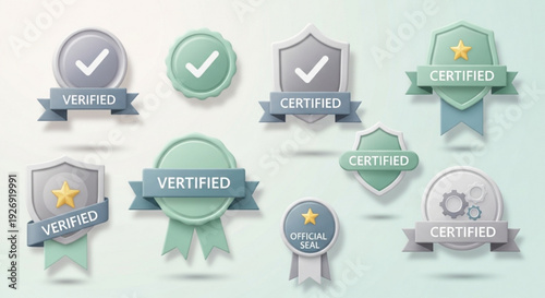 A collection of verified and certified badges and seals in a vector graphic design