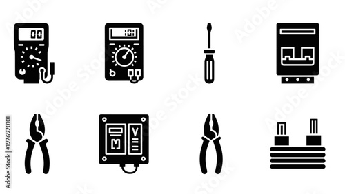 electrical tools icons set in solid style including multimeters pliers screwdriver and cables