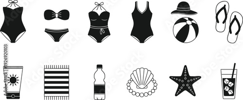 Collection of black beach vacation silhouettes featuring swimwear sun palm tree starfish sea shell flip flops and drink for design