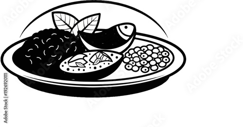 A black and white illustration of a meal with rice, fish, and vegetables