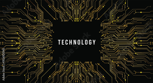 Golden technology circuit board background featuring electronic motherboard lines and microchip processing paths for digital computer hardware and future data design