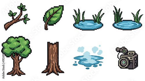 pixel art collection of nature elements tree branch leaf pond water camera in retro style