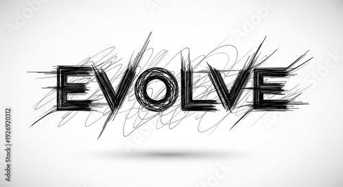 A stylized vector graphic illustration of the word 'EVOLVE' in bold, black font with a dynamic, sketchy design