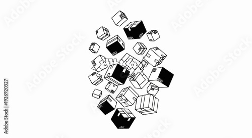 A cluster of various sized cardboard boxes tumble and float in space