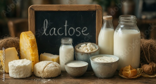 dairy products with lactose sign on a rustic wooden table.