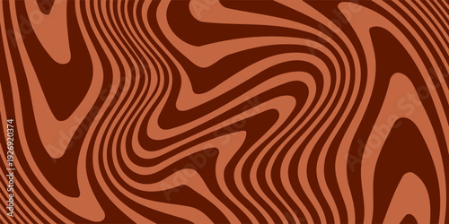Retro coffee color background. Milk chocolate liquid dessert texture. Wavy swirl candy pattern for poster, cover, banner, pamphlet. Vintage brown trippy hippie wallpaper in 60s or 70s style. Vector