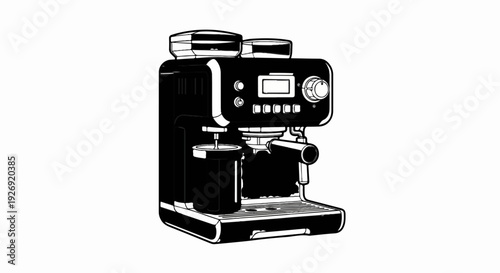 A detailed black and white illustration of a modern espresso machine