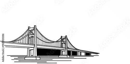 A detailed line drawing of a large suspension bridge with multiple towers and cables