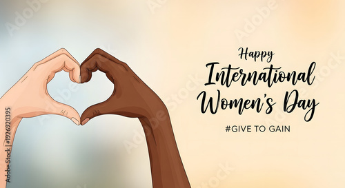 Inclusive International Women’s Day Greeting with Diverse Hands Forming Heart Silhouette and #GiveToGain Branding