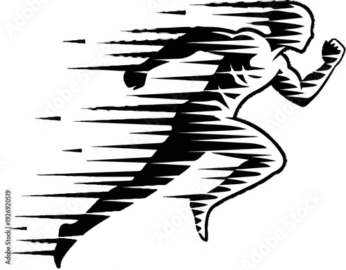 A silhouetted figure in a dynamic running pose, trailing motion lines