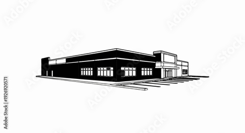 A single-story commercial building with large windows and a wide entrance