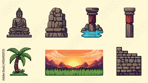 set of hand drawn ancient ruins statue stone pillars palm tree and sunset landscape illustration