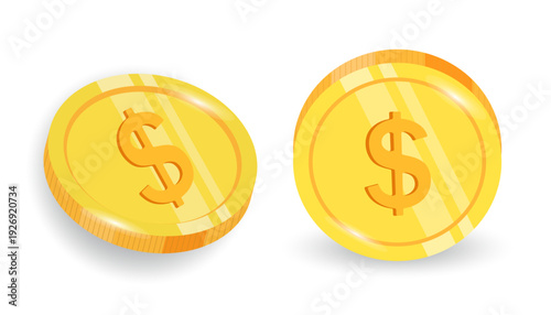 Golden dollar coins front and side view. Concept of wealth. Vector design. 