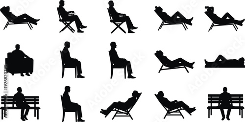 Black silhouette collection of people sitting and relaxing on chairs, loungers and benches isolated on white background lifestyle vector illustration set