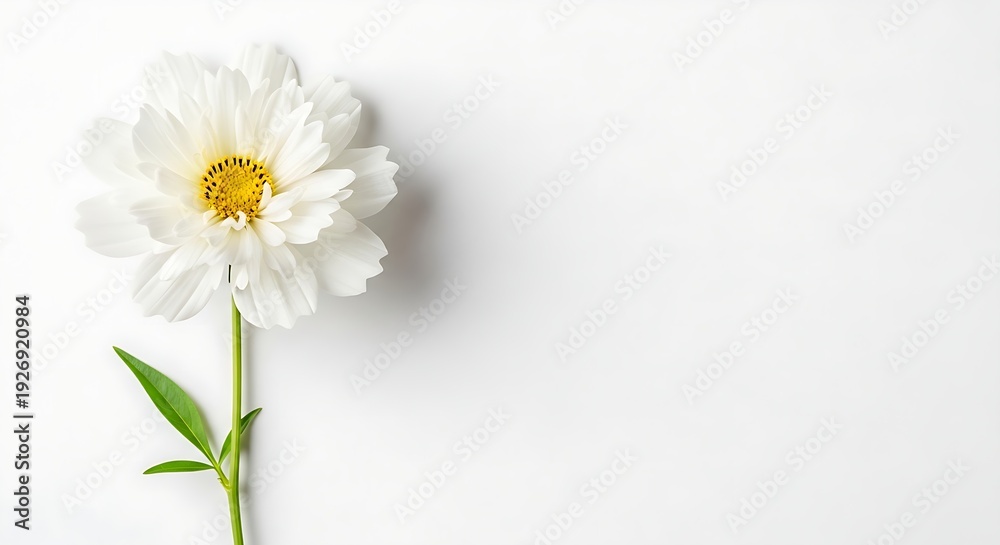 Obraz premium Beautiful single white flower featuring layered petals and a textured yellow heart against a clean, bright white studio backdrop.