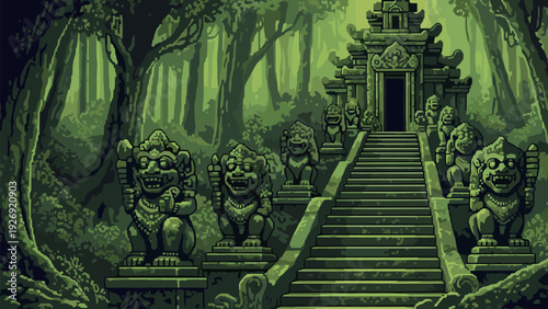 ancient temple entrance with stone statues in dense forest digital art illustration