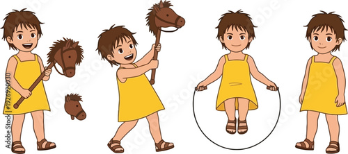 A cartoon girl playing with a horse toy and jumping rope outdoors