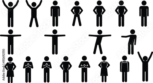 Large collection of black stick figure icons showing various human poses including standing, celebrating, hands on hips, praying, and diverse body language silhouettes.