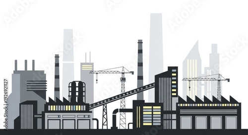 Industrial complex illustration depicting factories and manufacturing plants in a cityscape.