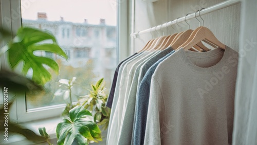 Organized neutral-toned t-shirts hanging on a wooden rack by a sunlit window, with a vibrant green houseplant creating a calm and mindful home wardrobe scene