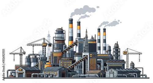 Detailed illustration of a large industrial complex with smokestacks and cranes.