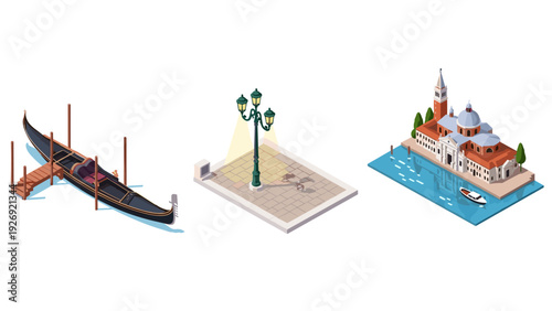 isometric venice gondola dock street lamp and venetian building set with water reflection in hand drawn style