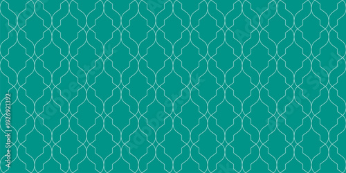 Vector abstract geometric seamless pattern in oriental arabesque style. Elegant turquoise background with white curved lines, shapes, grid. Modern ornament texture. Repeated design for decor, textile