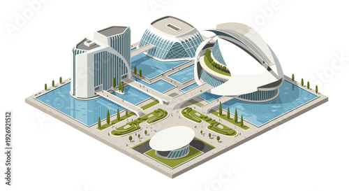isometric futuristic city complex with modern architecture and water features landscape design