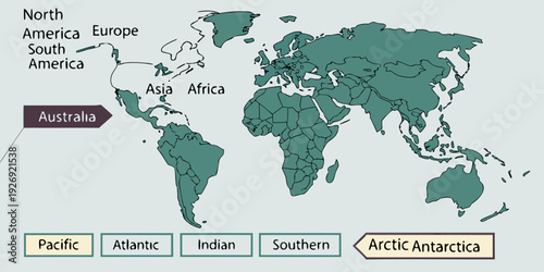 A political world map uses dark teal coloring for landmasses and features labeled regions and separate boxes identifying major oceanic areas.