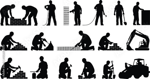 Black silhouette construction workers with tools, bricks and heavy machinery isolated on white background industrial building vector illustration set