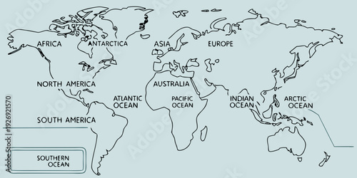 A simple black and white line drawing displays the geographical outlines of all continents and major oceans labeled clearly for educational reference.