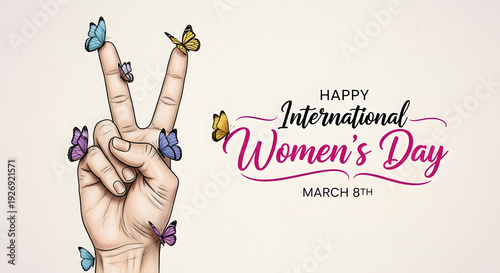 Peaceful International Women’s Day Greeting featuring Hand Peace Sign with Colorful Perched Butterflies on Cream Background