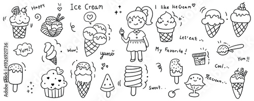 Hand drawn ice cream set featuring a girl holding a cone and various scoops popsicles and dessert icons for summer menu and snack theme vector design.