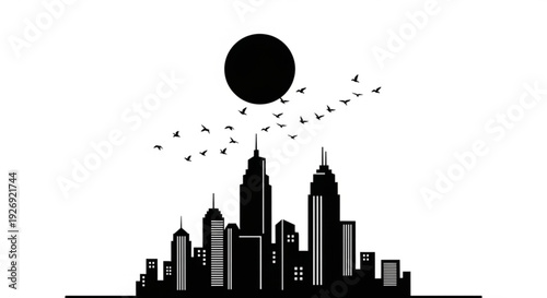 A minimalist black and white city skyline vector graphic with a sun and birds