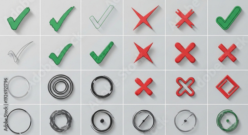 A vector graphic illustration of checkmarks and X's in various designs and colors on a grid background