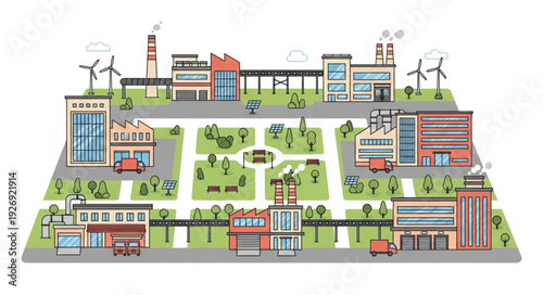 Urban landscape illustration showcasing buildings, roads, and green spaces, a city scene.