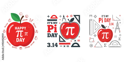 Happy Pi Day with red apples and mathematical symbols, celebrating the number Pi with a festive flair