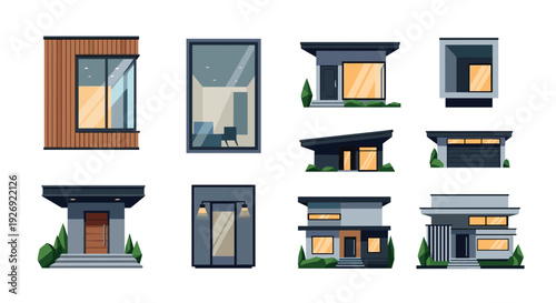 set of modern house facades and windows in flat style architectural design elements