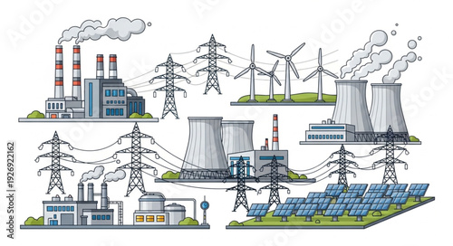 Diverse energy sources and power generation infrastructure illustration.