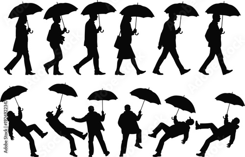 Black silhouette people walking and falling with umbrellas isolated on white background rain weather vector illustration collection