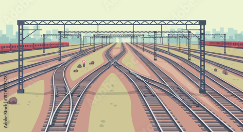 railway tracks with multiple switches and red trains in flat style urban landscape