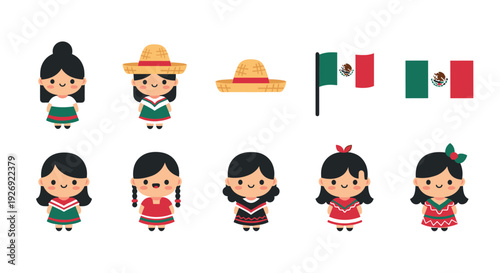 cute hand drawn mexican girl characters with traditional dresses sombrero and mexican flags collection