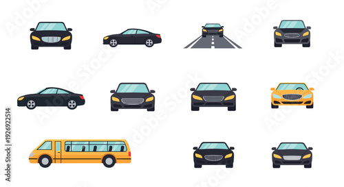 Free Download set of hand drawn black and yellow car and bus illustrations with side and front views for transportation design - GFXLoad