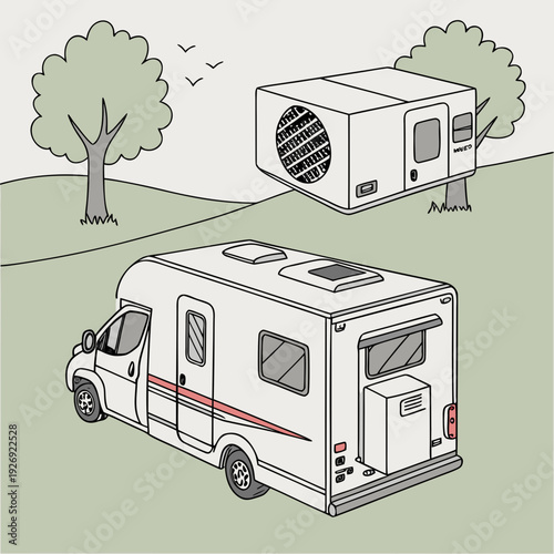 Campervan and detached air conditioning unit in a scenic outdoor setting with trees