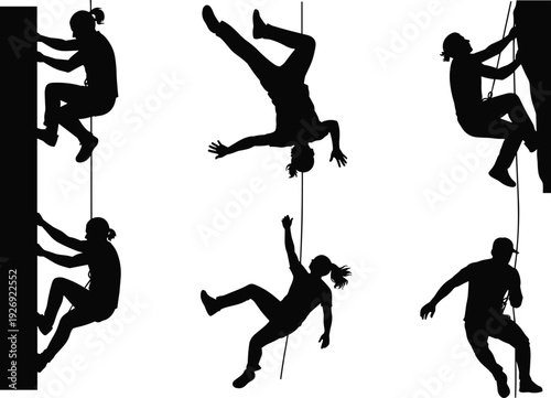 Black silhouette rock climbers rappelling on vertical wall isolated on white background extreme sport adventure vector illustration set