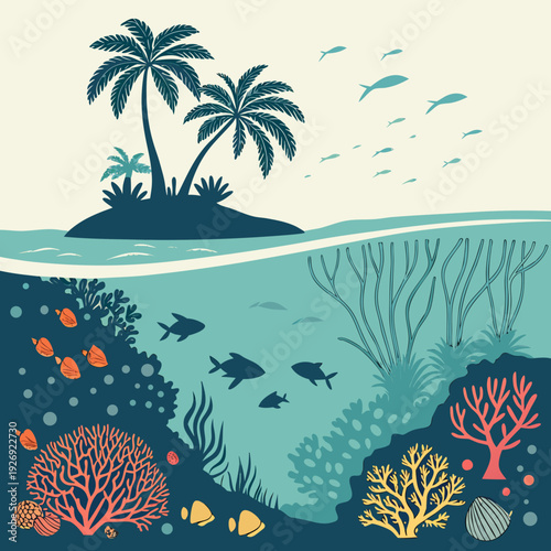 Vibrant underwater coral reef scene with diverse fish and aquatic plants, seen from a tropical island overhead.