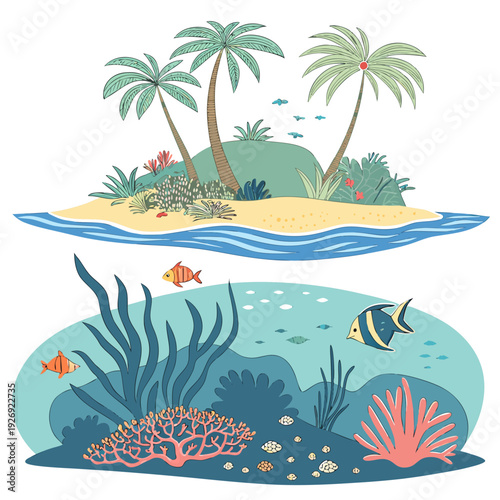 Split view of a tropical island with palm trees above and a vibrant coral reef with fish below the water.