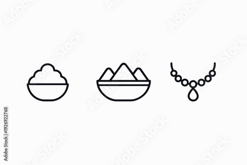 set of hand drawn black outline icons of rice bowl salt bowl and necklace